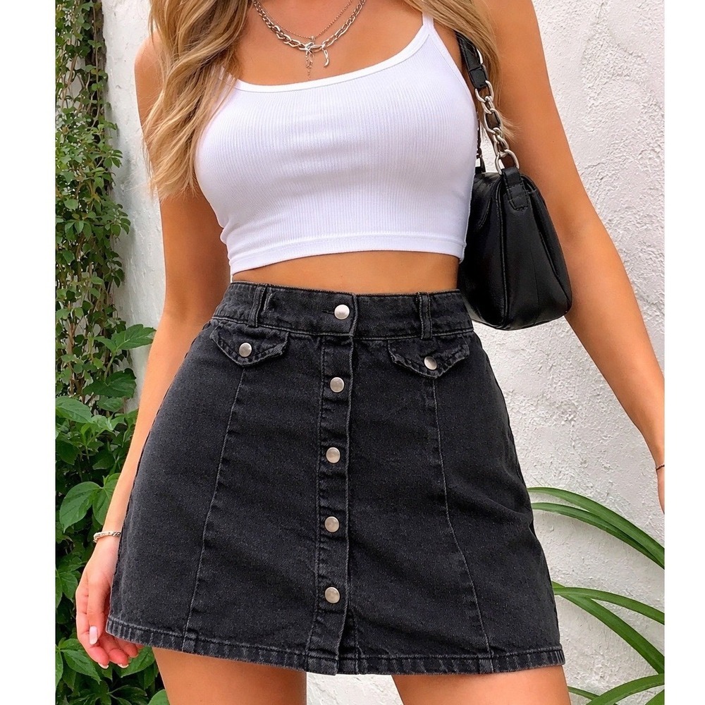 BDG Urban Outfitters Black Denim Mini Skirt A-Line Button Front Y2K Womens S